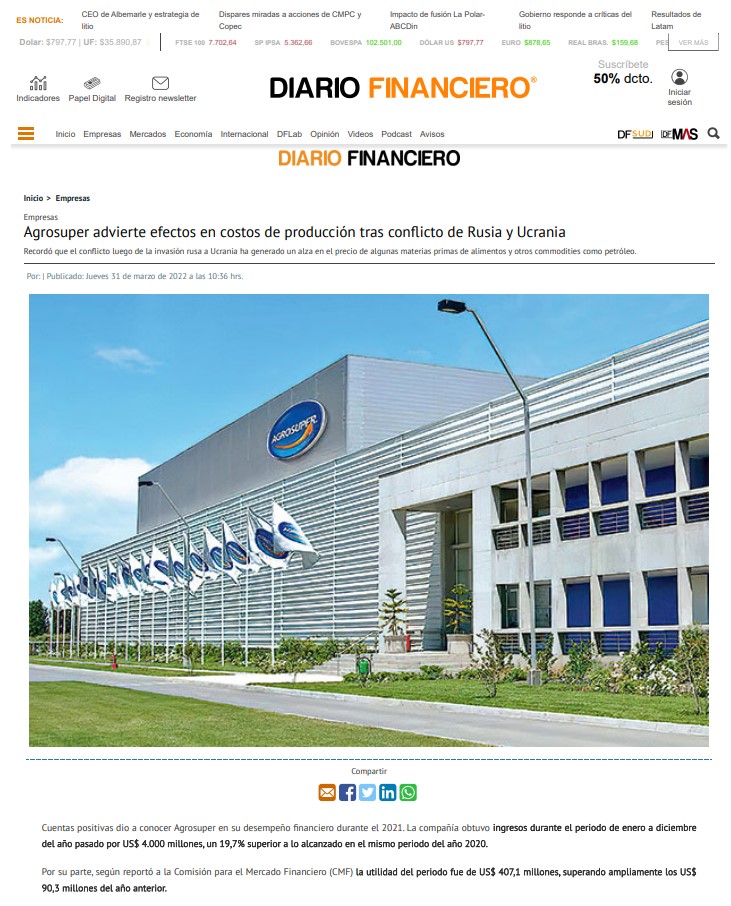 Agrosuper advierte efectos en costos de producción tras conflicto de Rusia y Ucrania