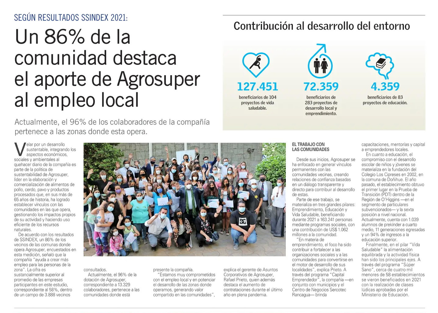 Un 86% de la comunidad destaca el aporte de Agrosuper al empleo local