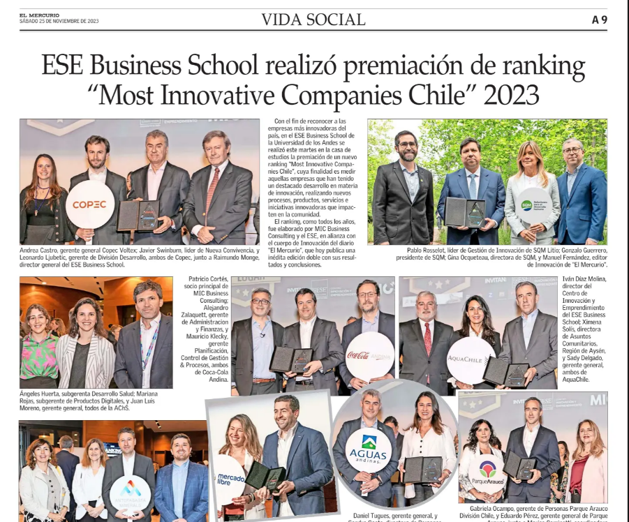 (Español) ESE Business School realizó premiación de ranking ‘Most Innovative Companies Chile’ 2023