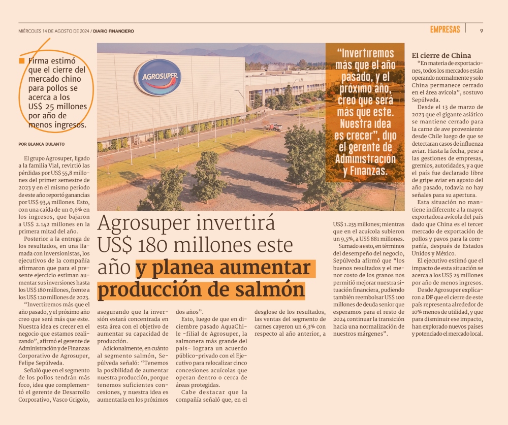 (Español) Agrosuper invertirá US$ 180 millones este año y planea aumentar producción de salmón