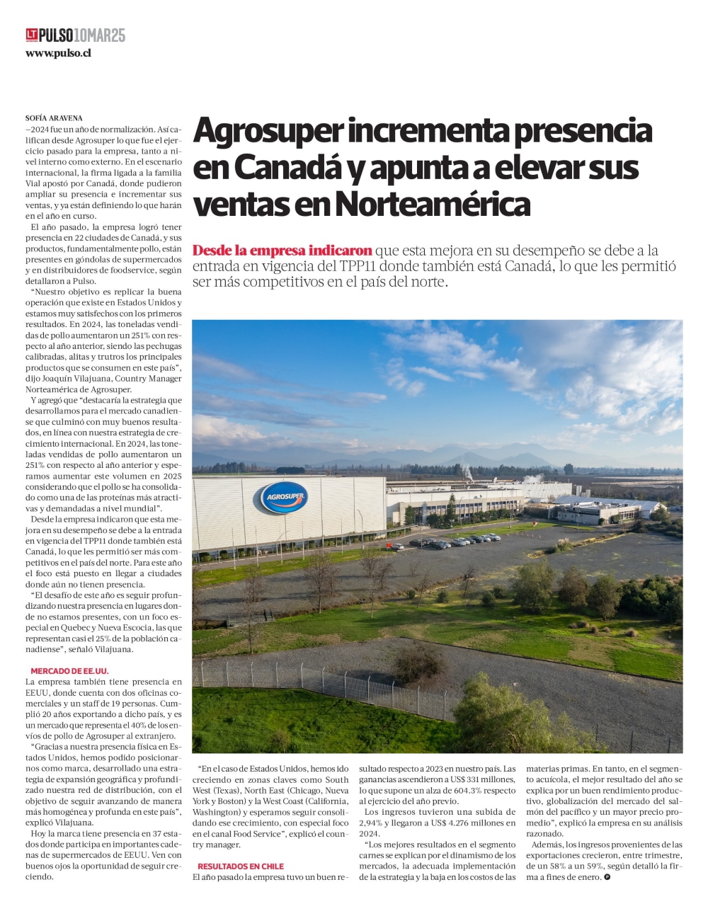 (Español) Agrosuper incrementa presencia en Canadá y apunta a elevar sus ventas en Norteamérica.