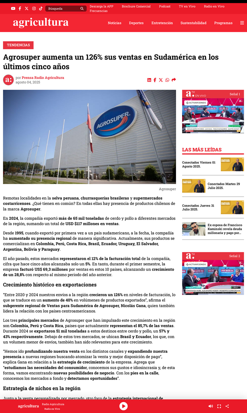 (Español) Agrosuper aumenta un 126% sus ventas en Sudamérica en los últimos cinco años