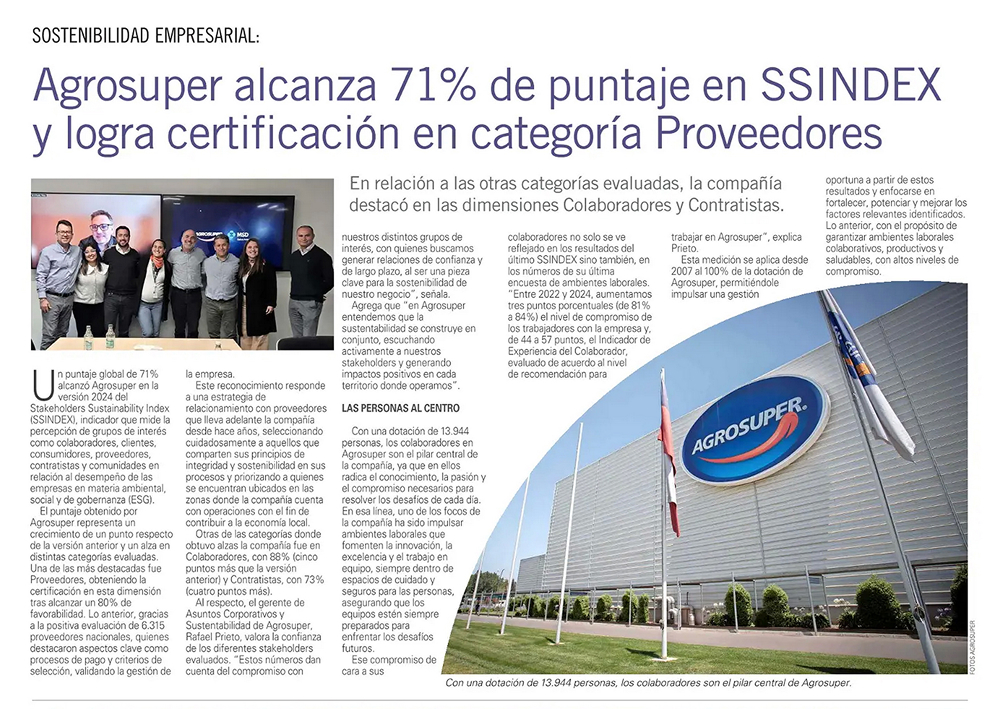 (Español) Agrosuper alcanza 71% de puntaje en SSINDEX y logra certificación en categoría Proveedores