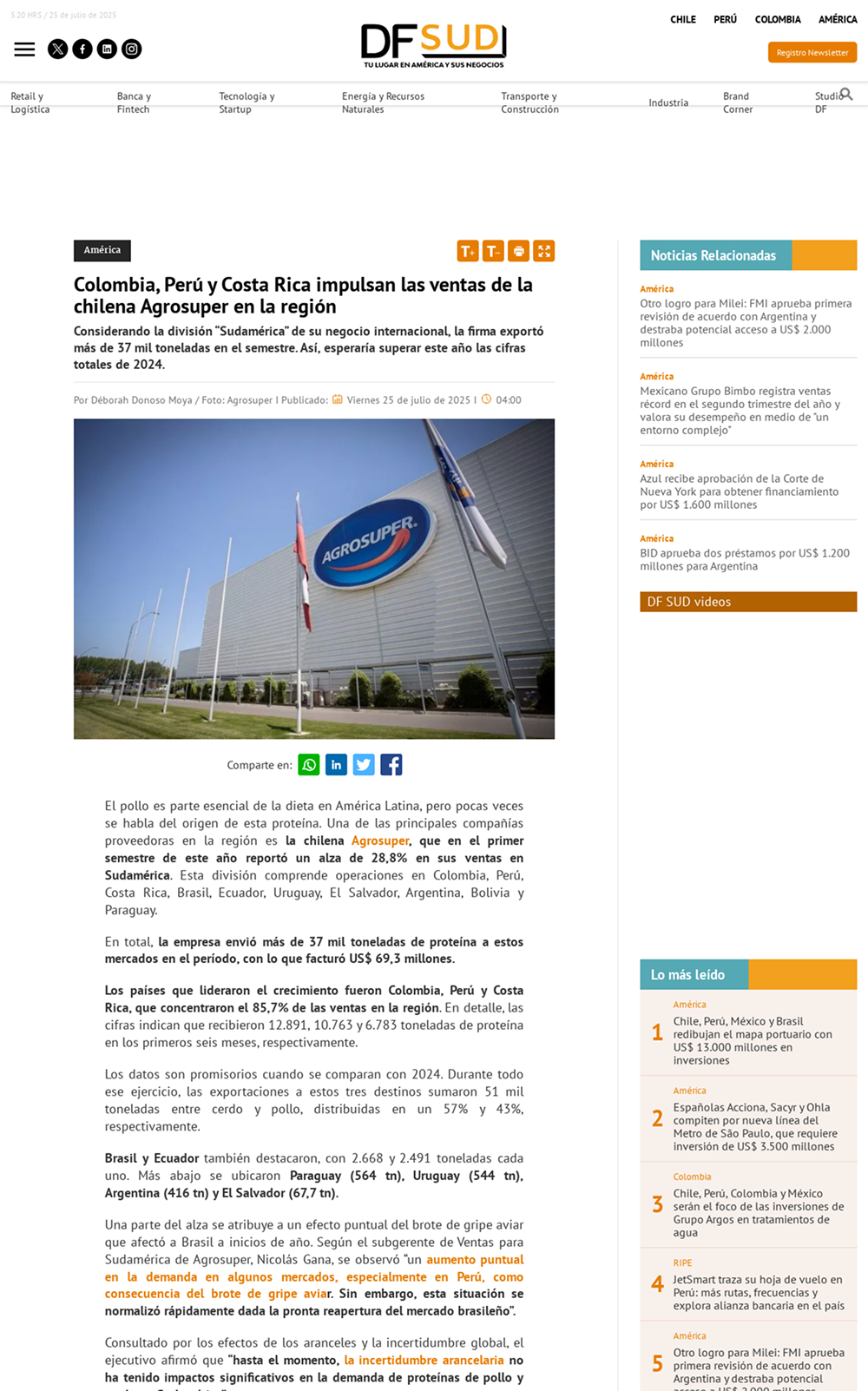 (Español) Colombia, Perú y Costa Rica impulsan las ventas de la chilena Agrosuper en la región
