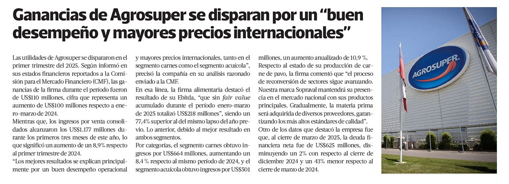 (Español) Ganancias de Agrosuper se disparan por un “buen desempeño y mayores precios internacionales“