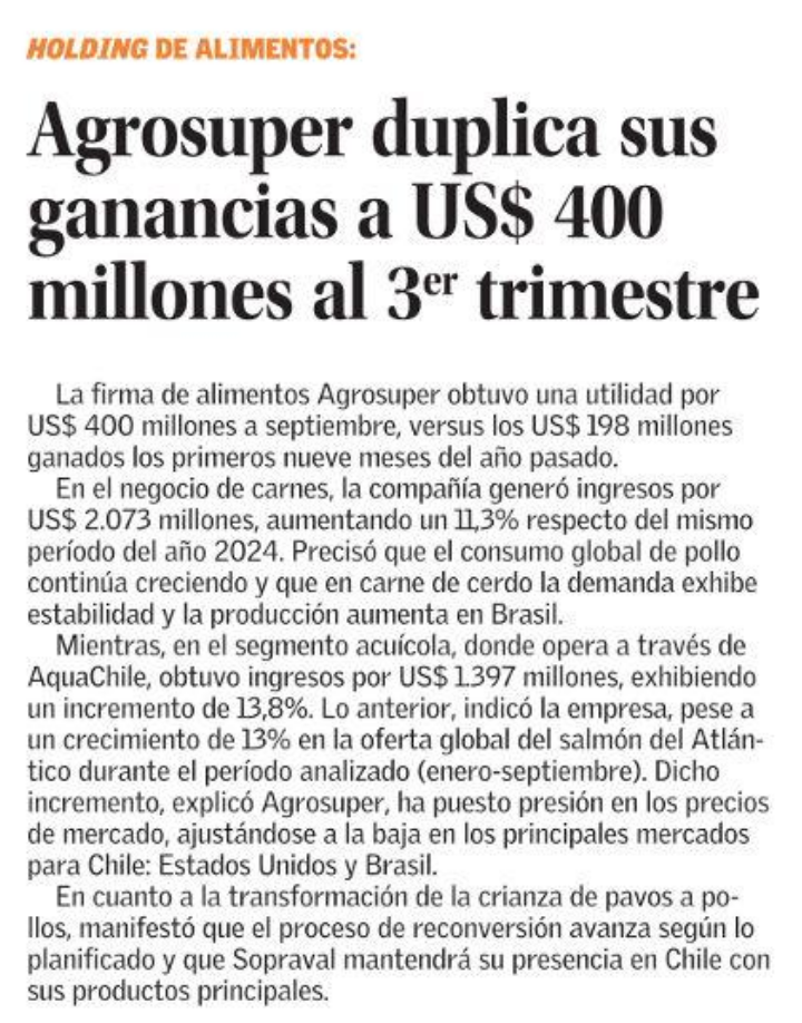 (Español) Agrosuper duplica sus ganancias a US$ 400 millones al 3er trimestre