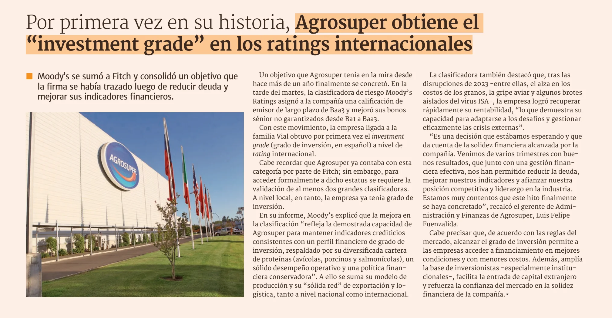 Por primera vez en su historia, Agrosuper obtiene el “investment grade” en los ratings internacionales